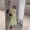 Women's Round Neck Short Sleeve Midi Dress Slim Mid Waist Hollow Cutout Ruched Side A Line Elegant Hepburn Style Summer Long Dress