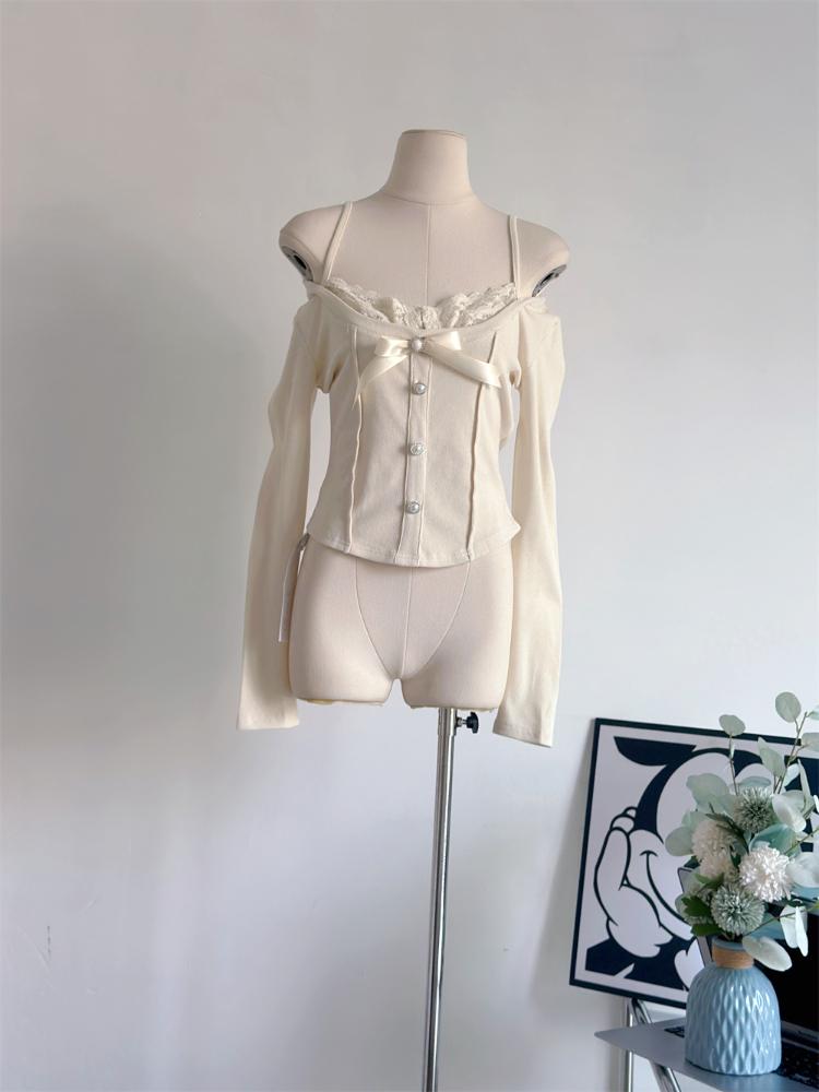 Camisetas Vintage Mori Girl Falsas Duas Peças Mulheres Renda Patchwork Doce Laço Croppeds Estética Feminina Sólida Kawaii Pulôver Novo