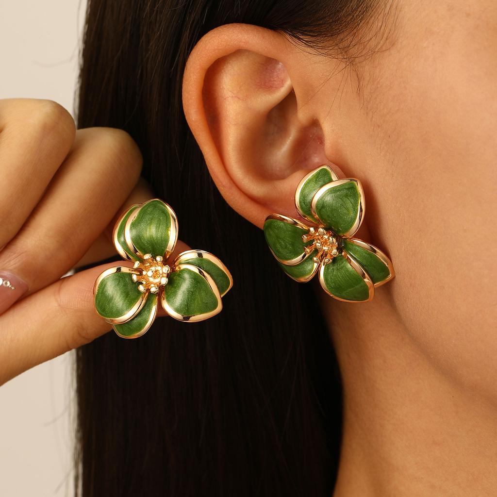 Layered Pink Enamel Flower Stud Earrings Gold Tone Trim Floral Earrings for Women