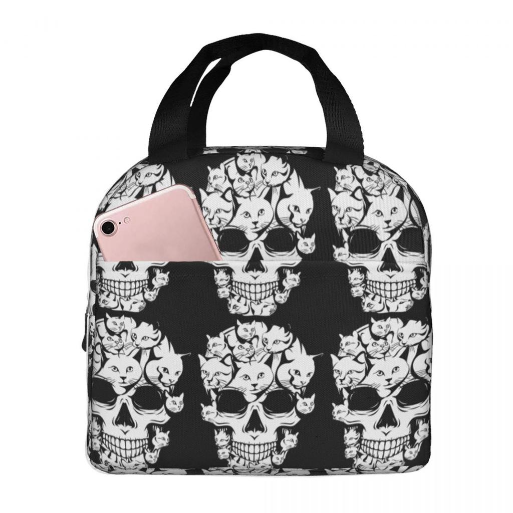 Halloween Funny Cat Skull Cat Min Insulated Lunch Bag for Women Kids Leakproof Food Boxes Thermal Lunch Box Tote