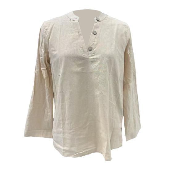 Women Shirt V-Neck Long Sleeve Loose Fit Solid Color Blouse Buttons Half