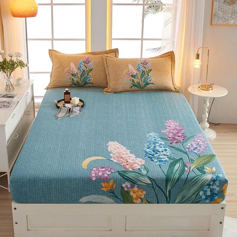 Cute Teddy Bear Pattern Fitted Sheet Set 100% Cotton Anti-slip Mattress Cover with Pillowcases Home Bedding Set for Boys Girls