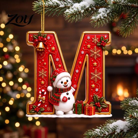 Indoor Holiday Decorations Cute Snowman Letter Christmas Ornament, 2D Flat Personalized A-Z Alphabet Clear Pattern Hanging Decor Acrylic Pendant