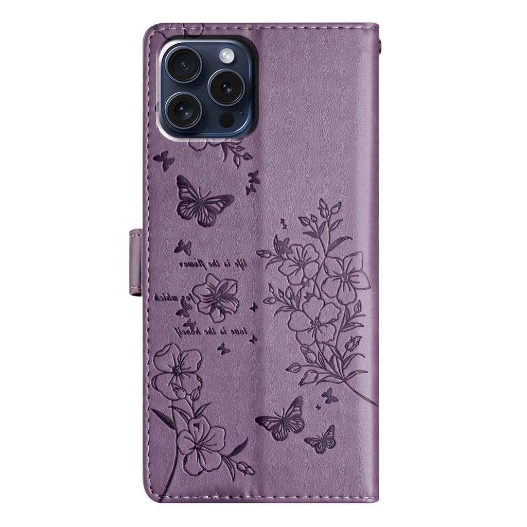 For iPhone 16 Pro Max Case Butterfly Floral Imprint Leather Stand Phone Cover with Wallet