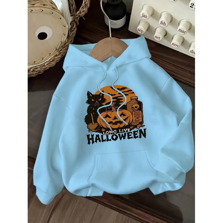 New Women's Casual Fashion Halloween Black Cat & Pumpkin Print Kangaroo Pocket Drawstring Hoodie