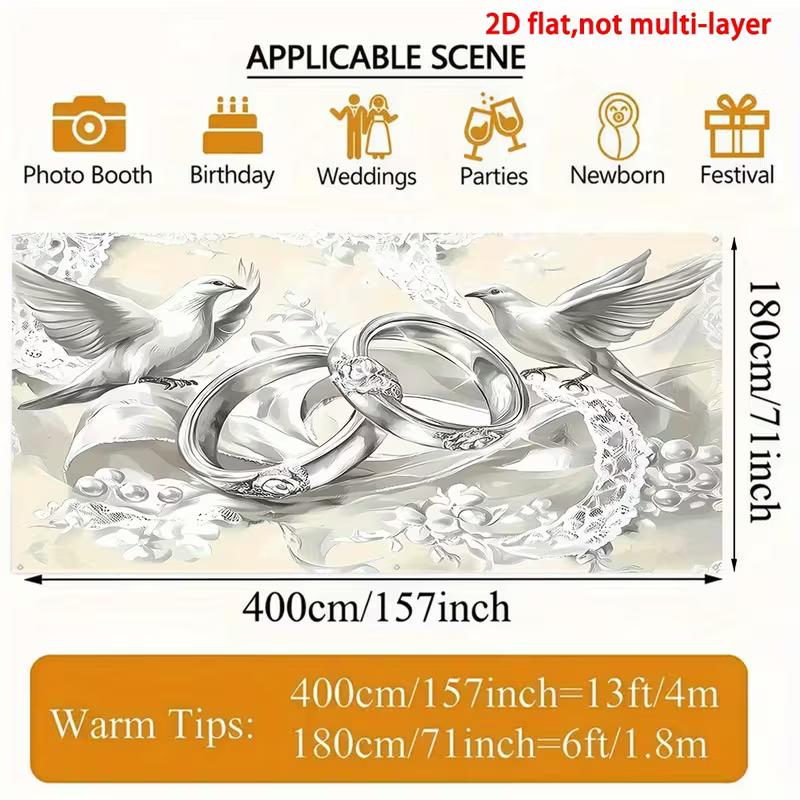 

2D Silver Wedding Ring Backdrop with Doves for Bridal Shower and Engagement 47.2x31.5inch/120*80cm