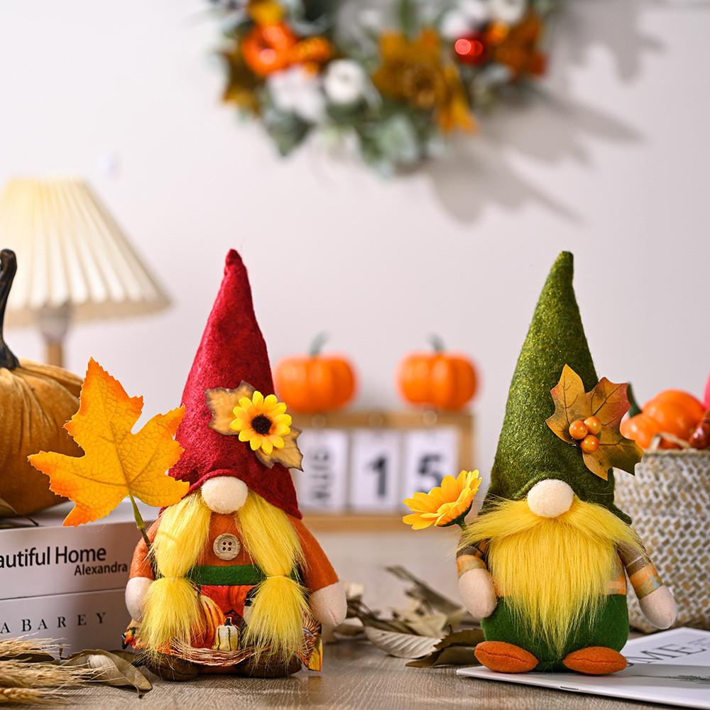 Plush Harvest Season Rudolf Gnome Figurine With Colorful Maple Leaf Hat And Floral Accents