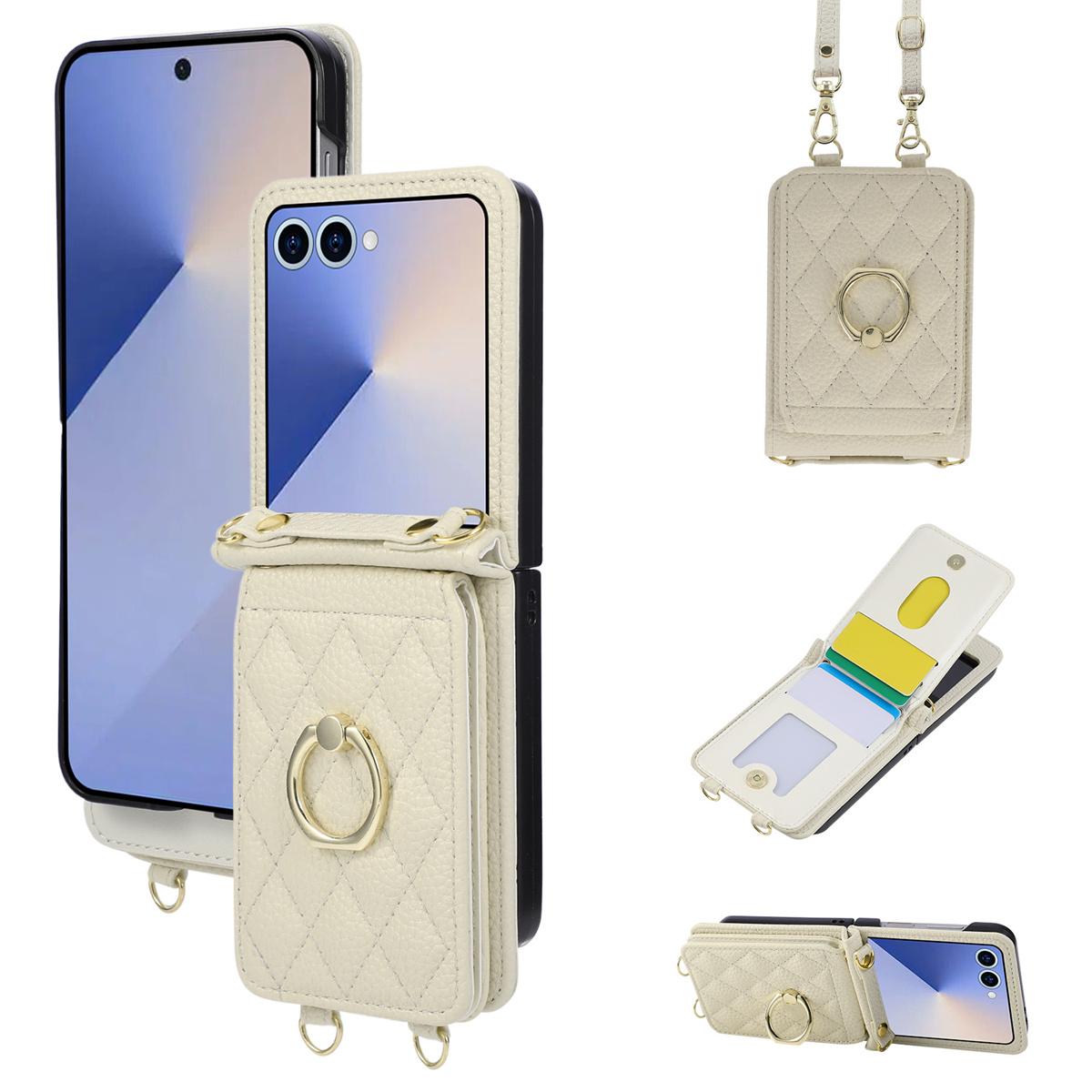 

Ring Holder Crossbody Leather Wallet Card Slot Phone Case for Samsung Galaxy Z Flip 7 6 5 4 3 Flip7 FE Lanyard Protection Cover Galaxy Z Flip7 бежевый
