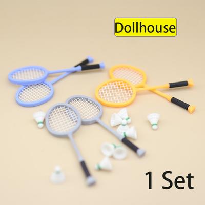 1/12 Dollhouse Simulation Mini Badminton Racket Set Dollhouse Sports Scene Decoration Dolls House Pretend Play Toys