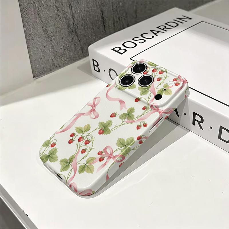 Soft Ribbon Strawberry Bow Floral Pattern Graphic Art Film Aesthetic Protective Shockproof Bumper Phone Case Cover For iPhone 14 15 16 Pro Max Plus