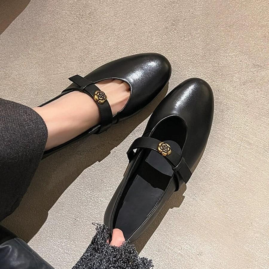 Sheepskin version~ Retro one-word small single shoes with round head women's British style camellia one-pedal flat Mary Jane shoes