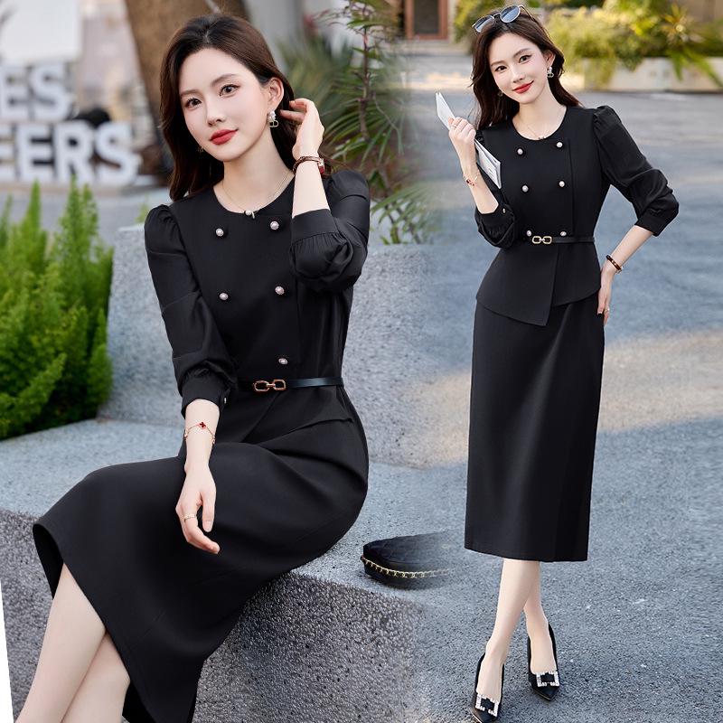 2025 Spring/Summer Women's Elegant Double-Breasted Two-Piece Mid-Length Dress JX2512