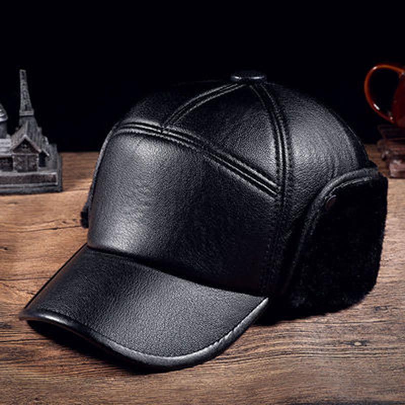 

Winter Men s Leather Hat Thicken Leather Sheepskin Baseball Caps With Ears Warm Snapback Dad s Hats Sombrero De Cuero Del Hombre чорний