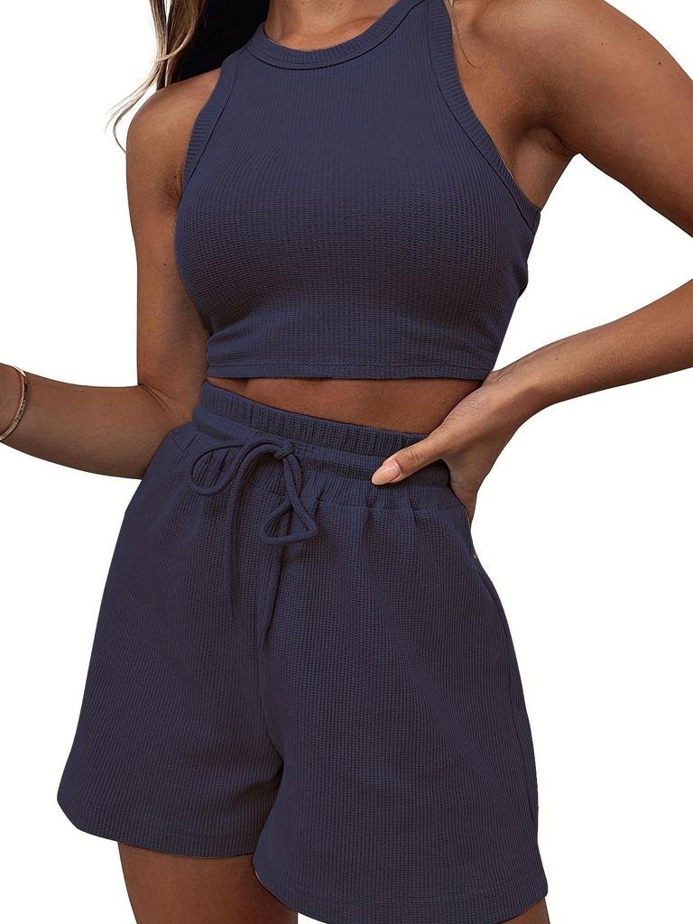 2026 New Summer Sleeveless Waffle Knit 2-Piece Set Women's Solid Color Vest Casual Short Outfit Breathable Comfortable Lounge Wear