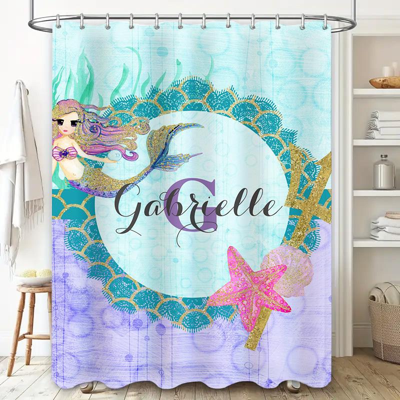 Custom Mermaid Shower Curtain Beautiful Pink Purple Gold Blue Printed for Kids Bathroom Decor Gabrielle Name Personalized Gift I