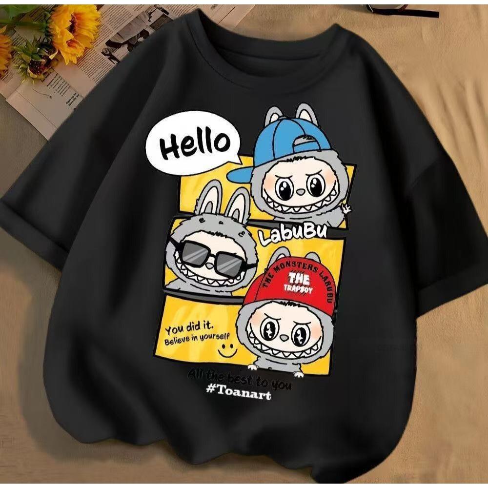 2025 Ny LABUBU Barn Kortärmad Flicka T-shirt Söt Tecknad Stil Rundhals Topp