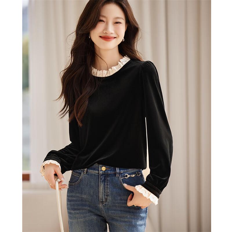 Elegant Velvet Long Sleeve Blouse with Lace Trim