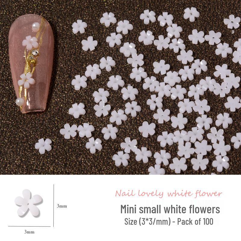 100pcs 3D Japanese-Style Five-Petal White Flower Resin Nail Decorations