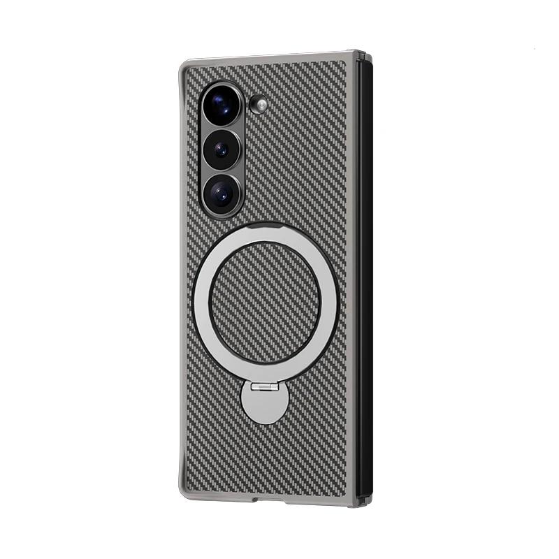Shockproof Rotating Holder Carbon Fiber Leather Phone Case for Samsung Galaxy Z Fold 6 5 4 Fold6 Fold5 Fold4 5G Bracket Cover