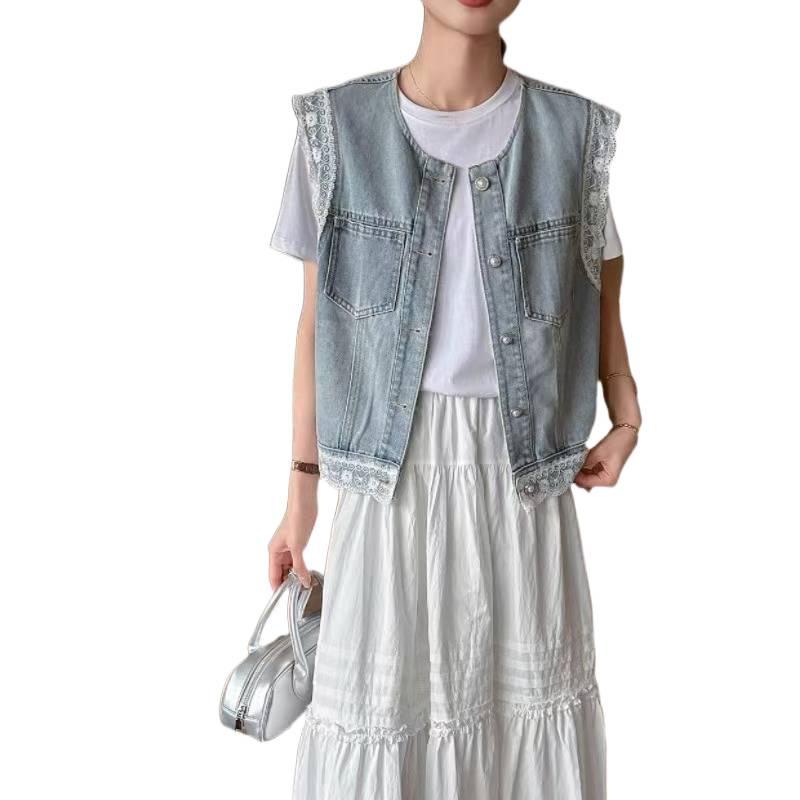 Retro Hong Kong Lace Patchwork Denim Vest Jacket