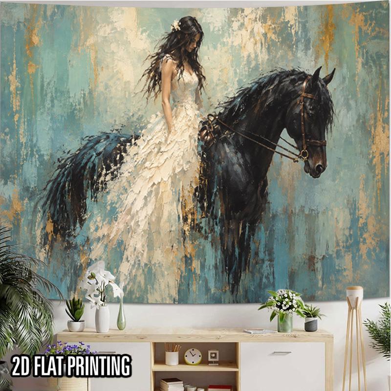 2D Flat, 1pc Elegant Lady on Black Horse Tapestry - Horizontal Wall Hanging Suitable for Home Decor, Wedding Decoration, Photography Background, Soft