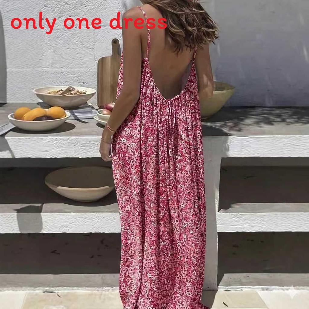Maxi Abito Estivo Stampato Senza Schiena con Spalline Annodate per Uso Casual in Vacanza al Mare
