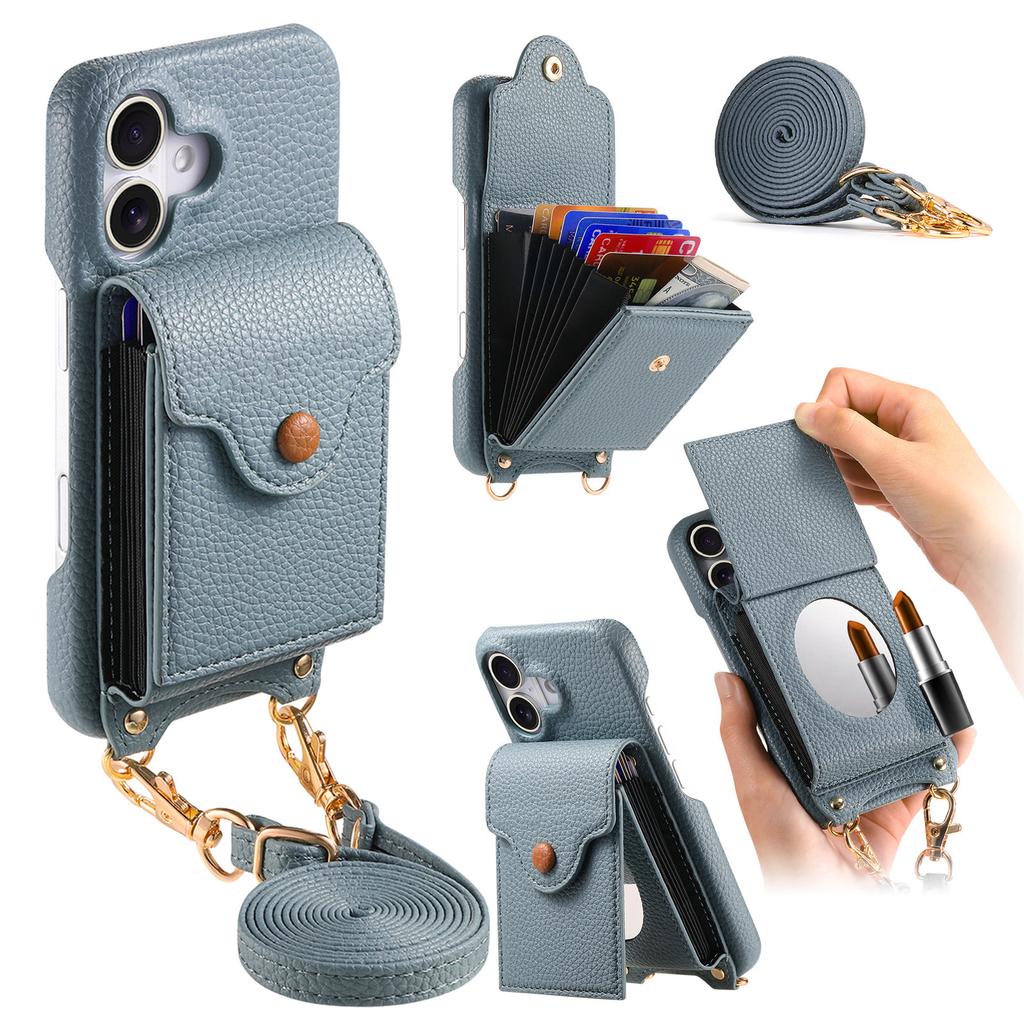 Per Custodia iPhone 16 Portacarte a Specchio Pelle con Texture Litchi Cover Posteriore per Telefono con Laccio Lungo