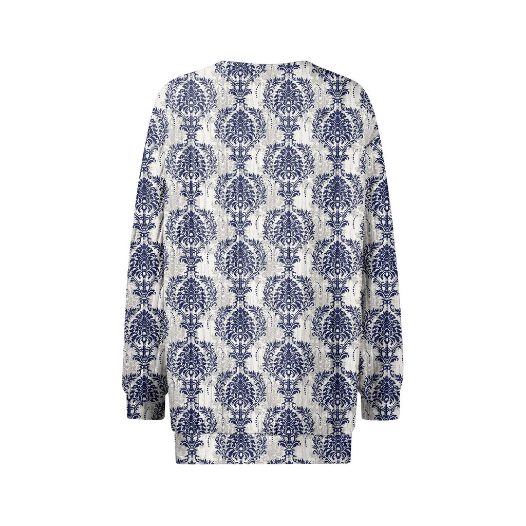 Women's Winter Color-Block Printed Lightweight Brushed-Cotton Round Neck Top