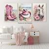 Chic Cowgirl Canvas Wall Art Set - Pink Floral, Boots & Hat Design - Trendy Preppy Decor for Girls' Bedroom or Dorm