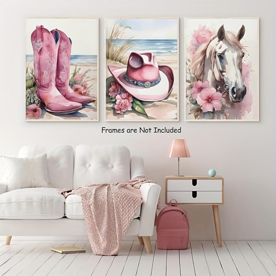 Chic Cowgirl Canvas Wall Art Set - Pink Floral, Boots & Hat Design - Trendy Preppy Decor for Girls' Bedroom or Dorm