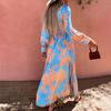 Women's Casual Fashion V Neck Long Sleeve Printed Pleated Dress Sundress
