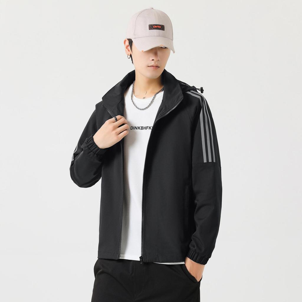Jacket Men's Spring and Autumn Trend Hooded Casual Jacket Men's Gown Three-Bar Sports Versatile Top Jacket