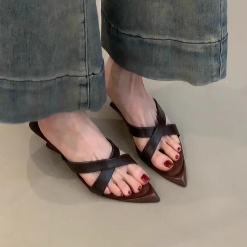 Fashion Leopard Print Woman High Heels Slippers 2025 Summer Fashion French Pointed Toe Shallow Mouth Open Toe Retro Outdoor Slippers