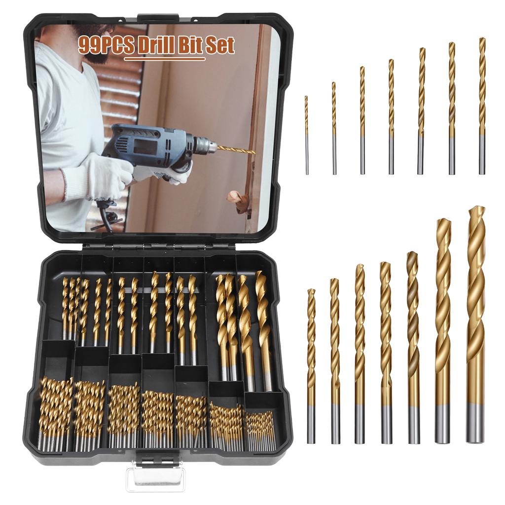 Set di punte elicoidali da 99 pezzi 1/16"-3/8" Antiruggine Protezione dall'usura Lega di Alluminio Acciaio ad Alta Velocità Punta Rivestita in Titanio Atterraggio