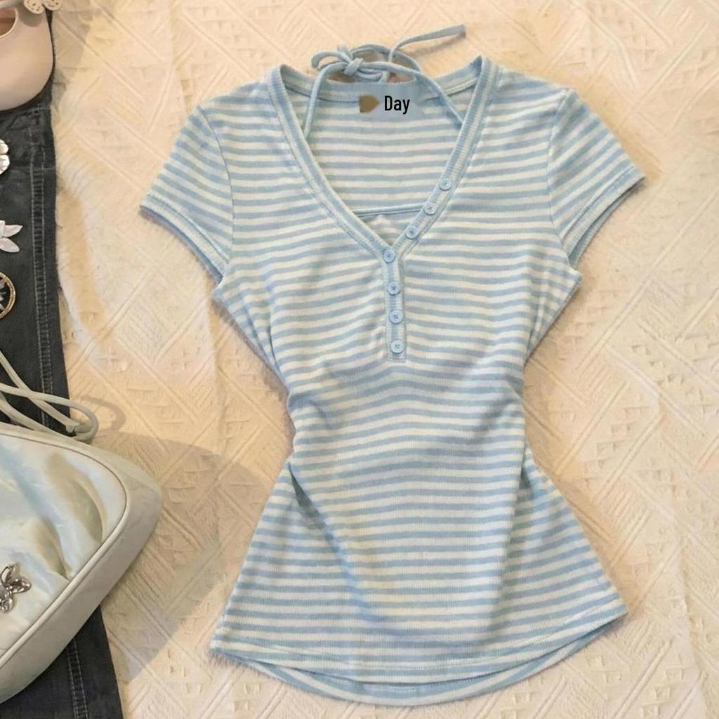 Retro Y2K Light Blue Striped Tie-Up Halter Camisole
