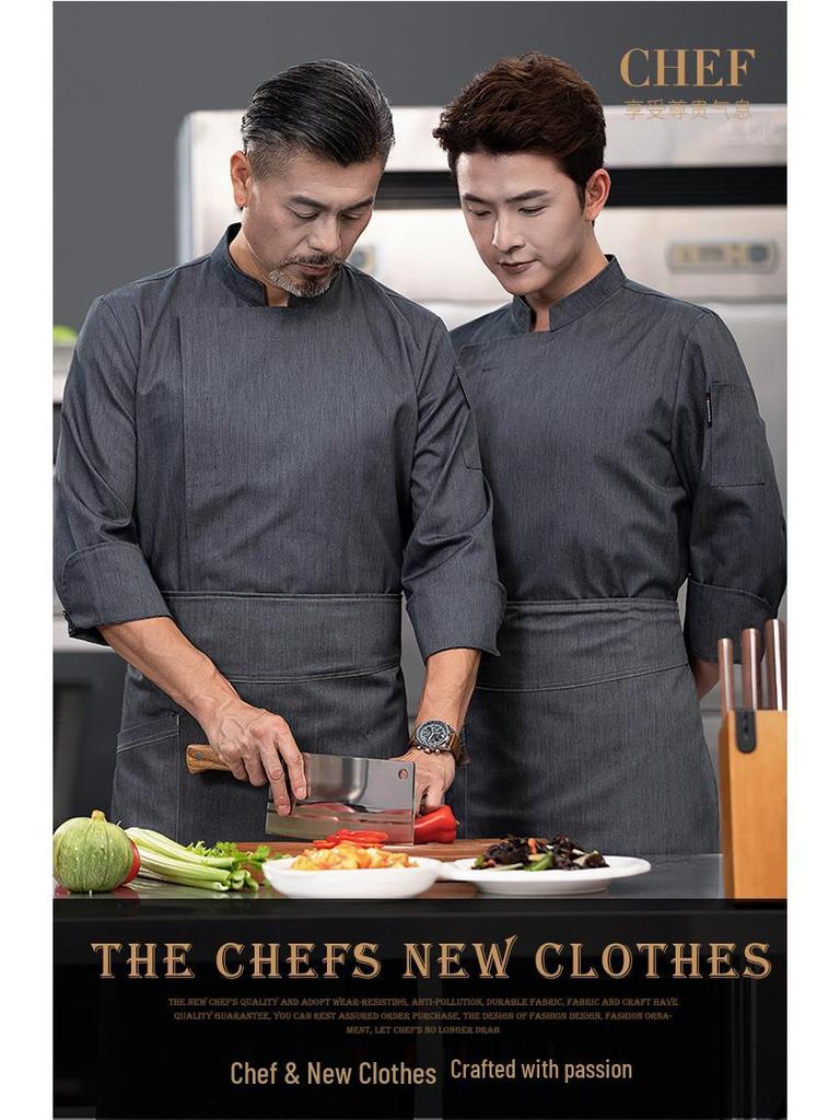 Men's Long Sleeve Elastic Waterproof Chef Uniform for Autumn/Winter - Ideal for Hotel, Restaurant, Hot Pot, BBQ, Canteen, and Bakery Kitchens.