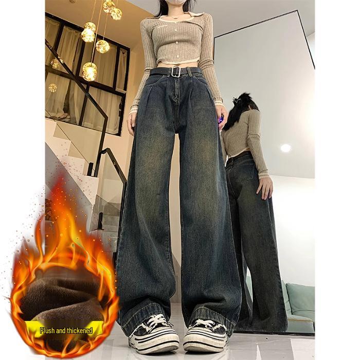 

Women s Cement Gray Velvet High-Waist Wide-Leg Jeans: Winter Slim, Loose-Fit, Long Straight Pants Extra Large (XL)
