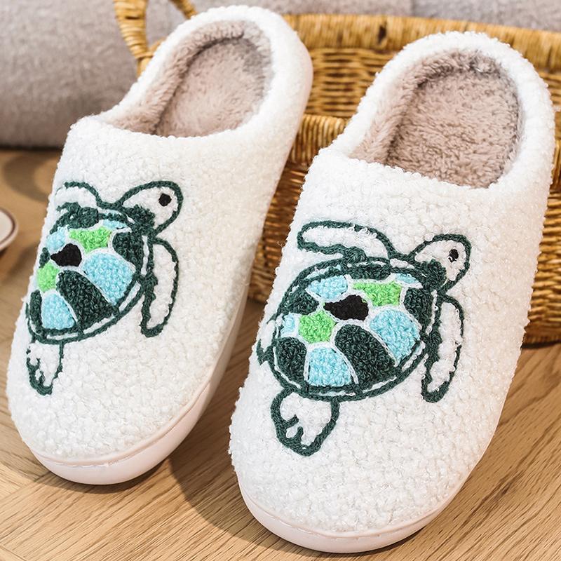 Fashion Smile Pop Winter Indoor Comfortable Plush Slippers Cute Cartoon Turtles Fluffy Cotton Slippers Non-slip Warm Household Slippers