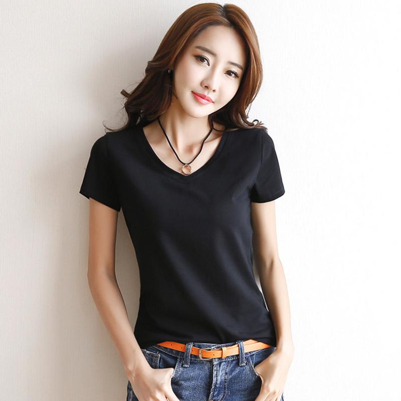IELGY Short-sleeved T-shirt Women's New Slim Cotton T-shirt Women's Solid Color V-neck Shirt All-match Bottoming Shirt