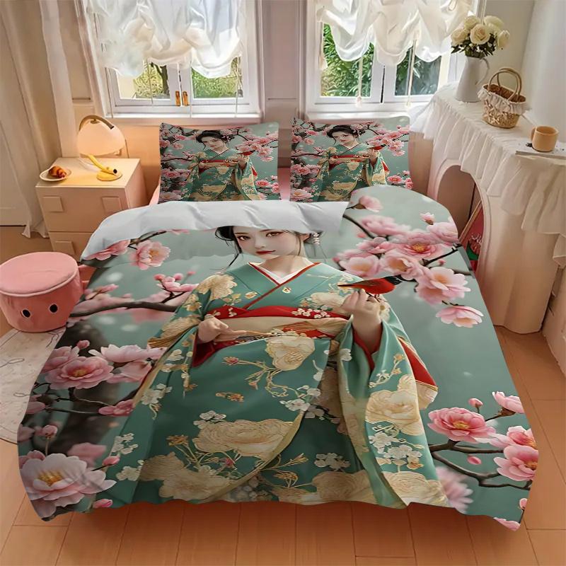 3pcs Anime Kimono Design Comforter Set with One Quilt Cover and Two Pillowcases (No Core) - Festive Gift for Bedroom Decor, Polyester Fabric, Anime Ca