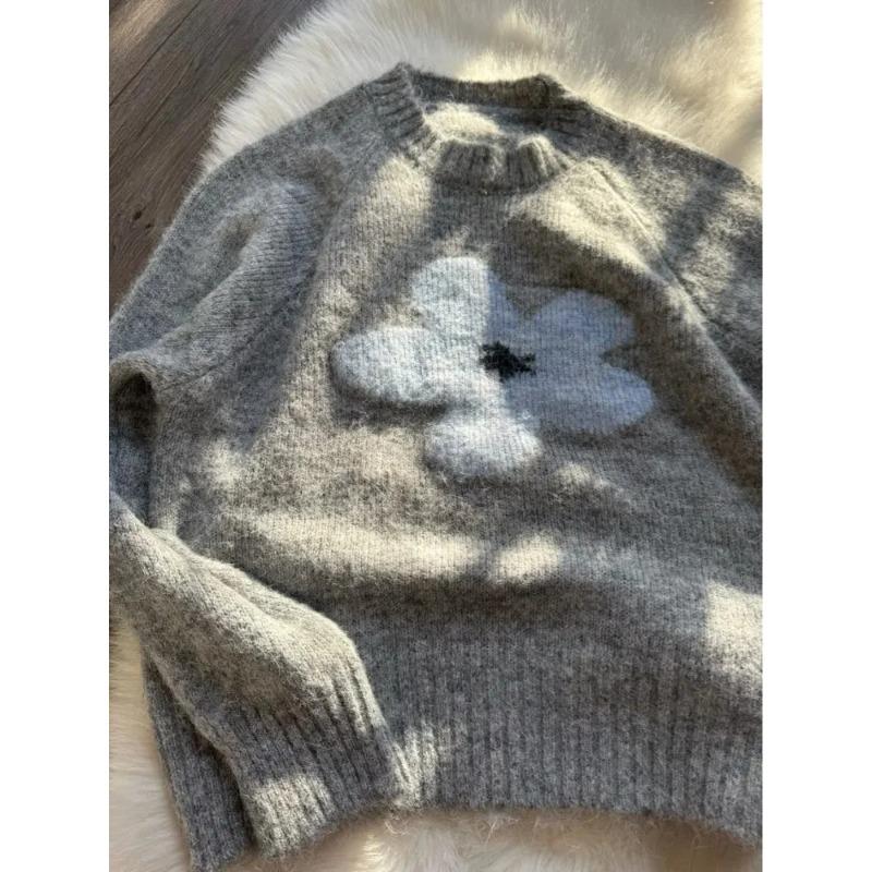 Streamgirl Winter Gray Sweater Flower Women Loose Knit Pullovers Purple Knitwear Vintage Warm Flower