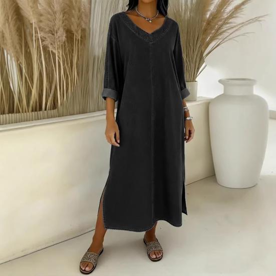 Women's Faux Denim Maxi Dress V Neck 46085 Sleeve Loose Long Dress