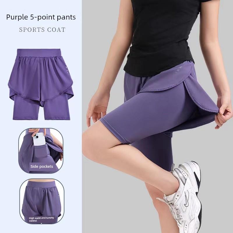 Women's Five-Point Sports Pants, Faux Two-Piece, Anti-Exposure, Quick-Drying, Running Fitness Pants, High Elasticity, Summer Tennis Breathable
