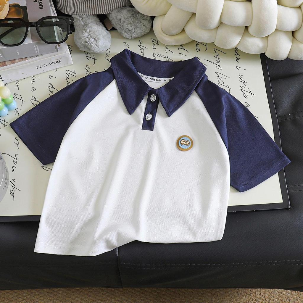 Children's Two-Tone Polo Collar Short Sleeve Sporty Summer Top
