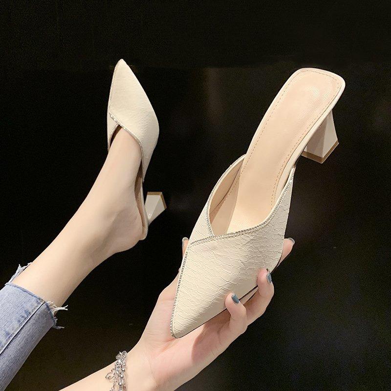 

Baotou туфли-мюли со стразами женская мода корейская версия женская обувь 2025 новая весна-лето на высоком каблуке сандалии 34 бежевый