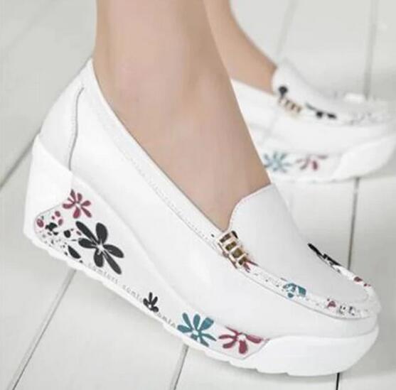Autumn Genuine Leather Women's Shoes Nurse Swing Work Single Shoes Wedges Women's Shoes Female Platform Sneakers