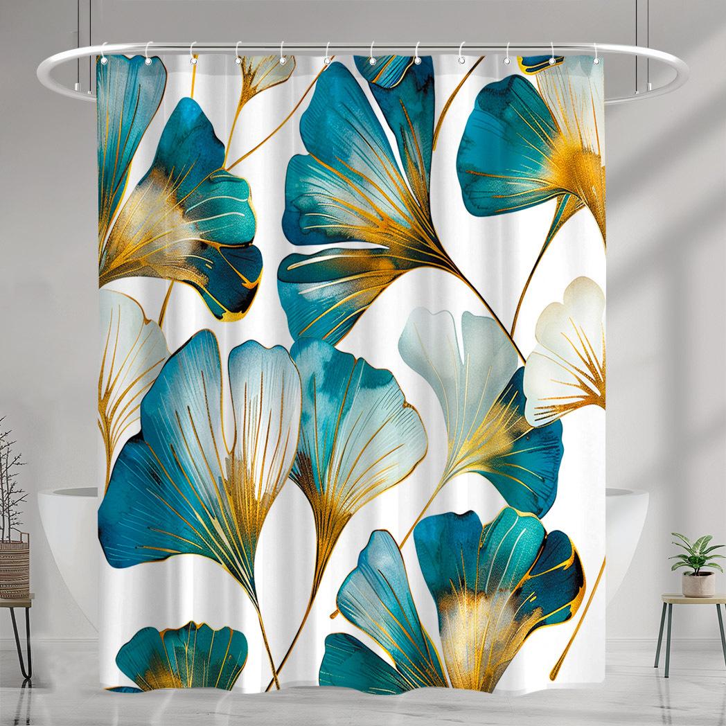

1pc Ginkgo Biloba Shower Curtain - Blue & Gold Design, Moisture-Resistant Polyester, 71x71 , 12 Hooks, Easy to Clean W90XH180cm