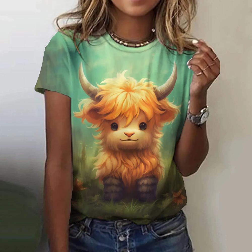Women's T-Shirt Cute Animal Print Harajuku Comfortable Round Neck Short Sleeved Top Fashion Trend Plus Size Women's Clothing