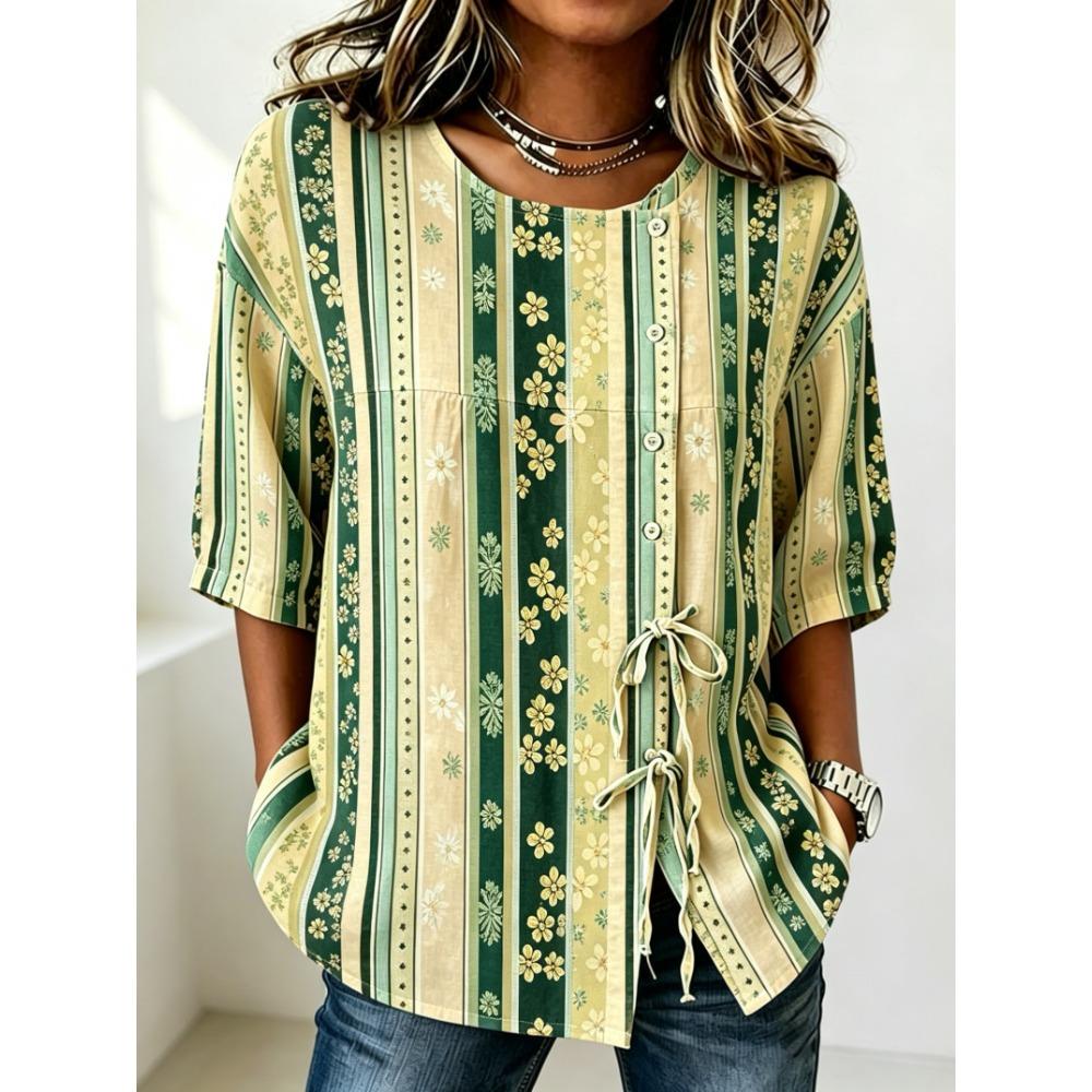 Women's Neutral Floral & Stripe Print Button & Tie Front Blouse, Casual Stylish Top for Spring Summer Daily & Versatile Wear