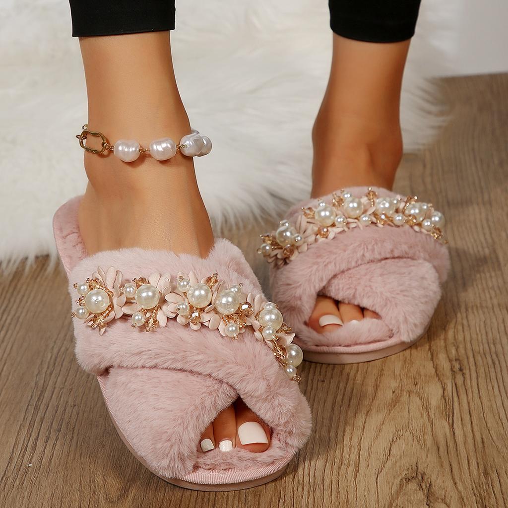 Fashion Women's Flat Home Cotton Slippers Autumn Witer Keep Warm Fur Flowers Beaded Slipper for Women Casual Light Non-slip Slides Shoes
